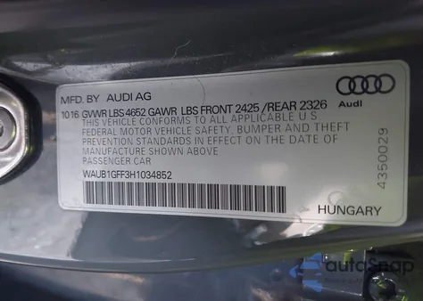 2017 Audi S3 2.0T Premium Plus from USA, damaged, VIN WAUB1GFF3H1034852